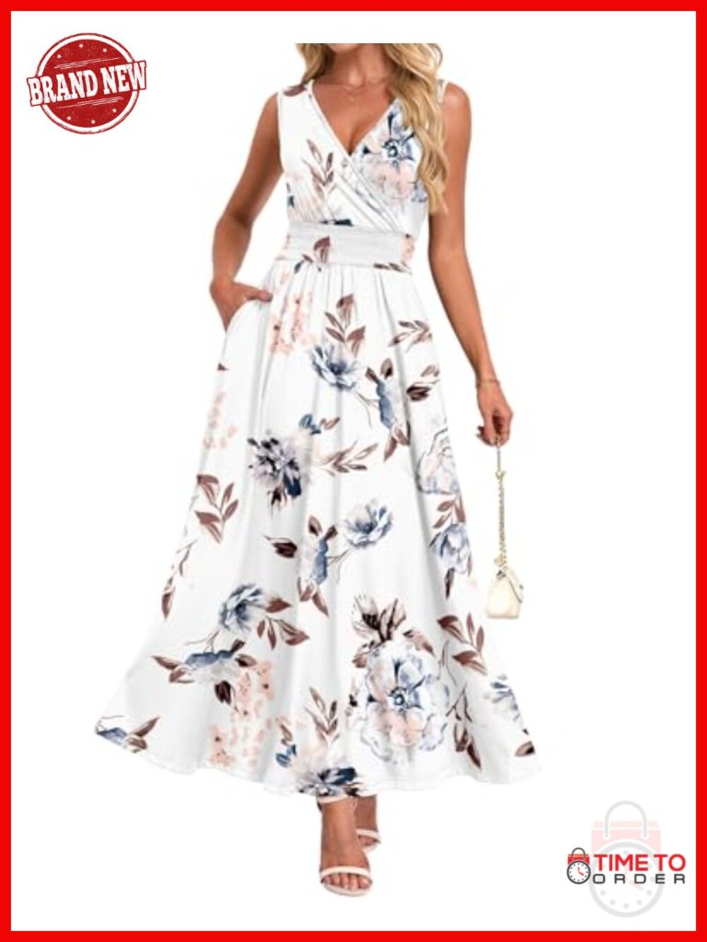 Sleeveless V Neck Smocked Maxi Dress with Pockets